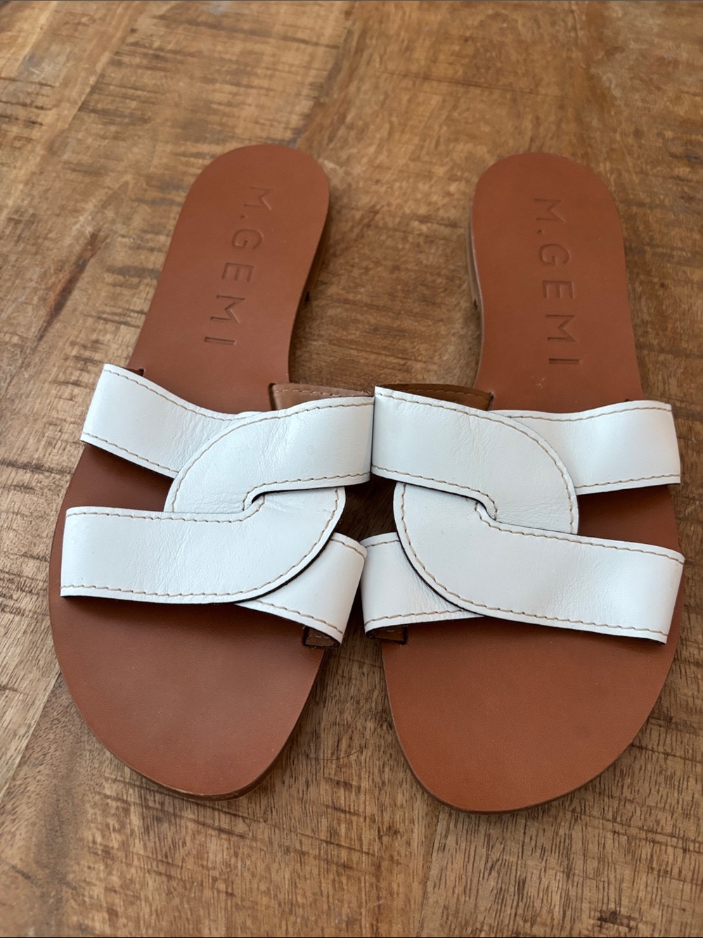 M. Gemi White Leather Interlock Slide Sandals with Tan Footbed